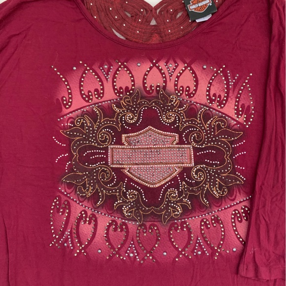 Harley Davidson Women’s Embellished Cabernet Lace Detail Shirt Size Large - Picture 6 of 7